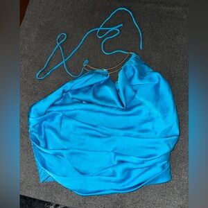 Y2K Blue Satin Halter Top Tie Back Party Clubwear